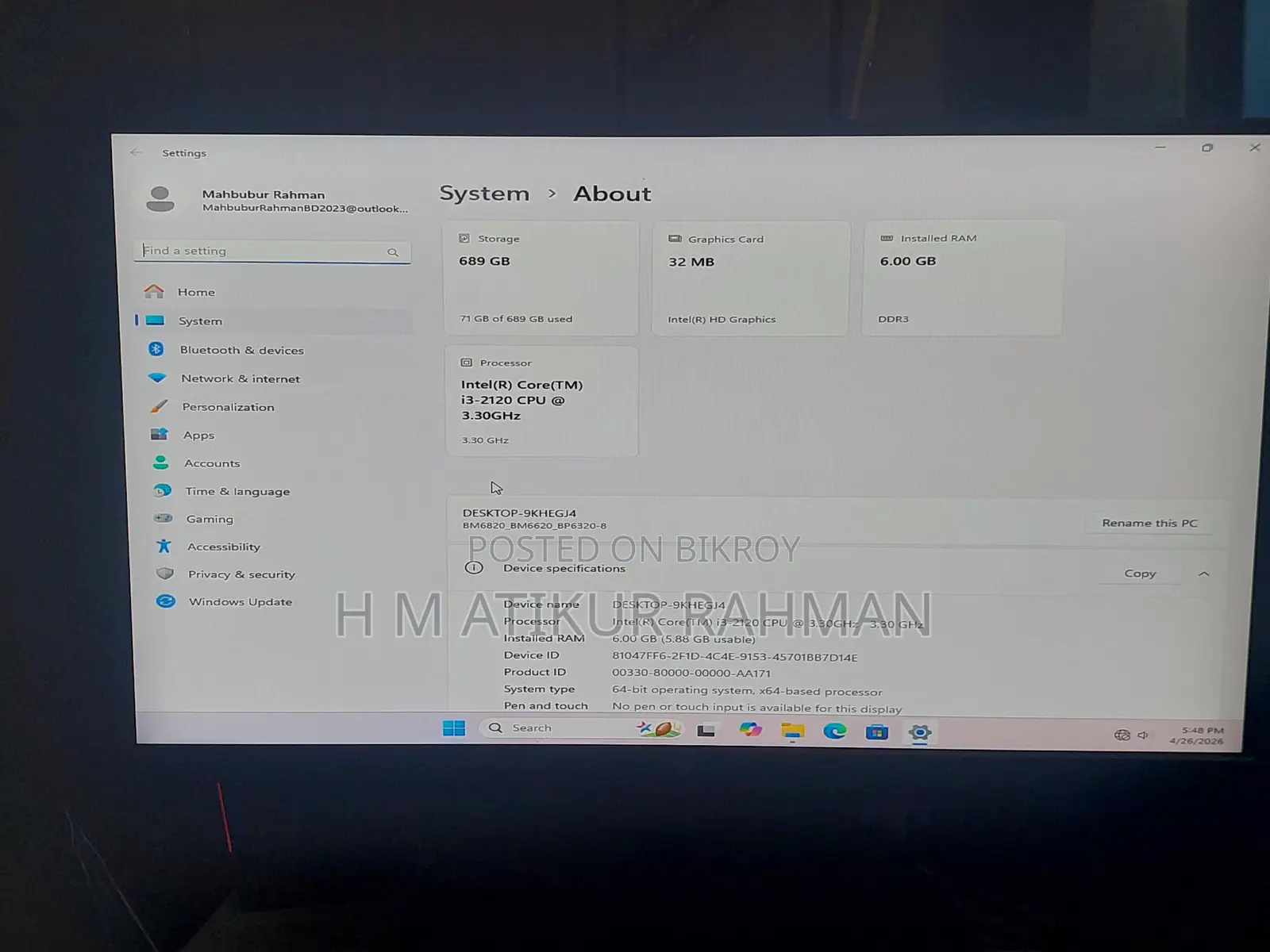 Desktop Computer 6GB Intel Core i3 HDD+SSD 700GB