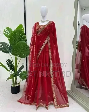 Elegant Red Faux Georgette Saree - Pearl Sequence Work
