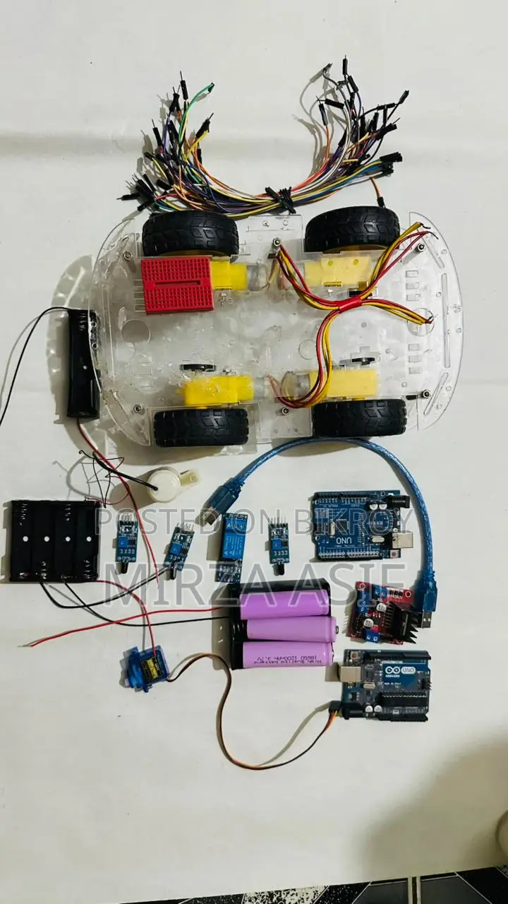 Arduino Uno, Motor Driver, Car Chassis Etc.
