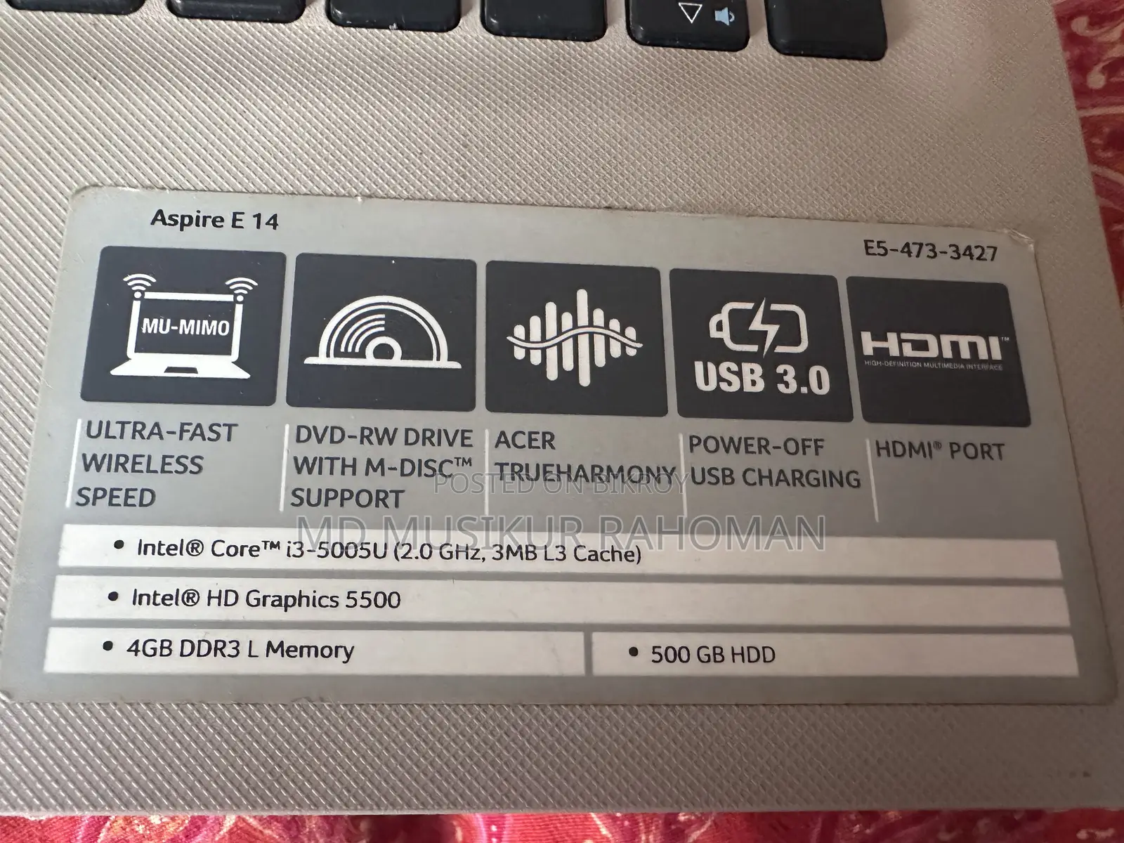 Laptop Acer Aspire E5-473 4GB Intel Core I3 HDD 500GB