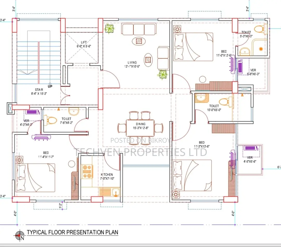 8000tk per sqft, 1620sqft Flat for Sale @ Bashundhara Block-L, Road-47