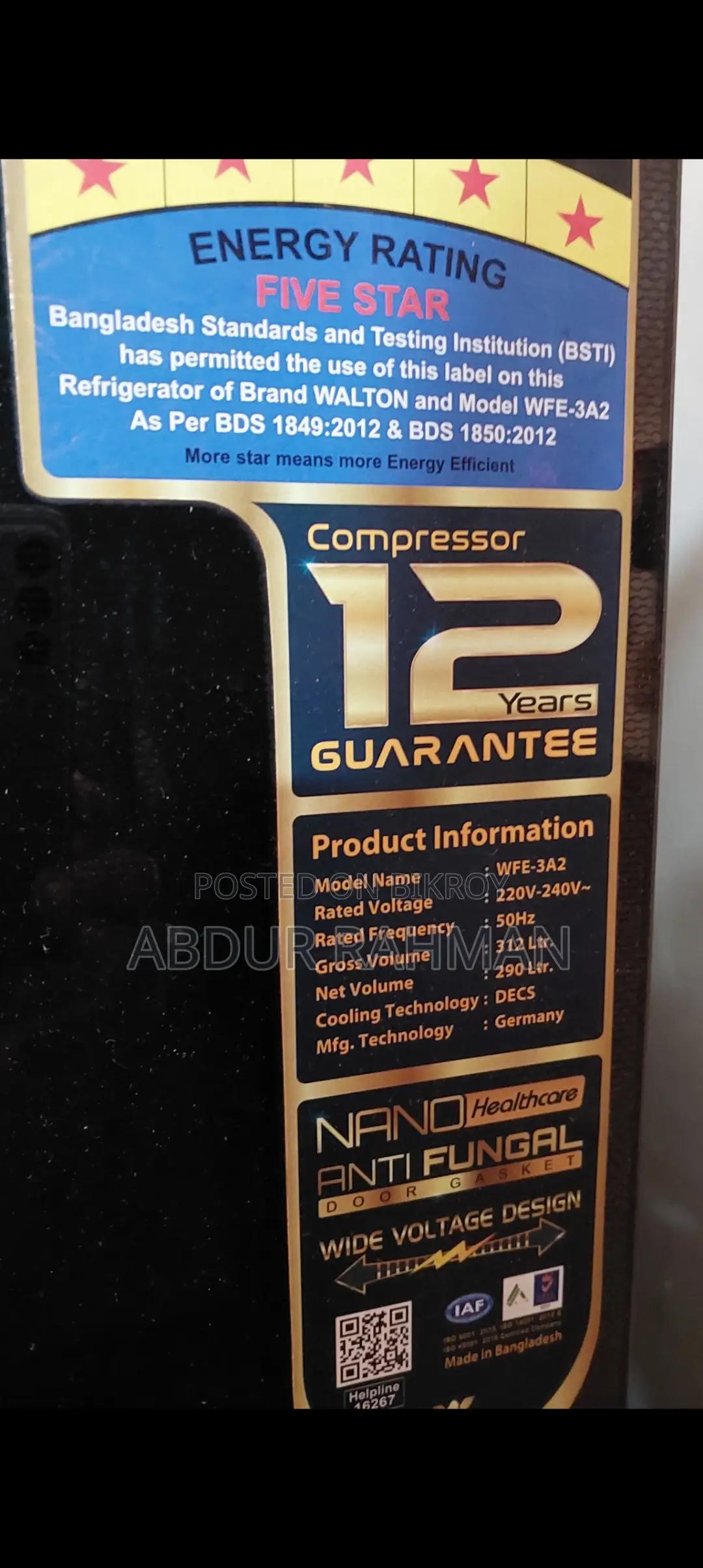Walton Fridge Black Color Glass Edition