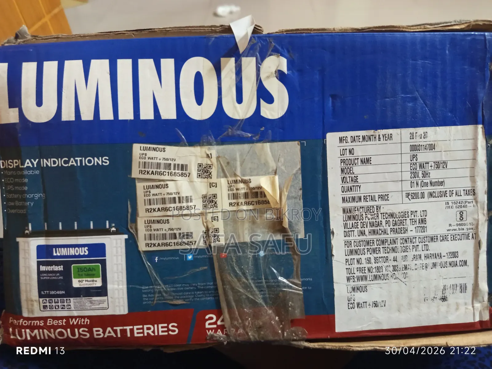 Luminous Ips Eco Watt+1050 Unused