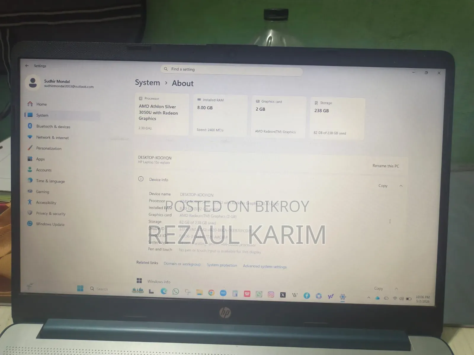 Laptop HP 15 8GB AMD Ryzen SSHD+SSD 256GB