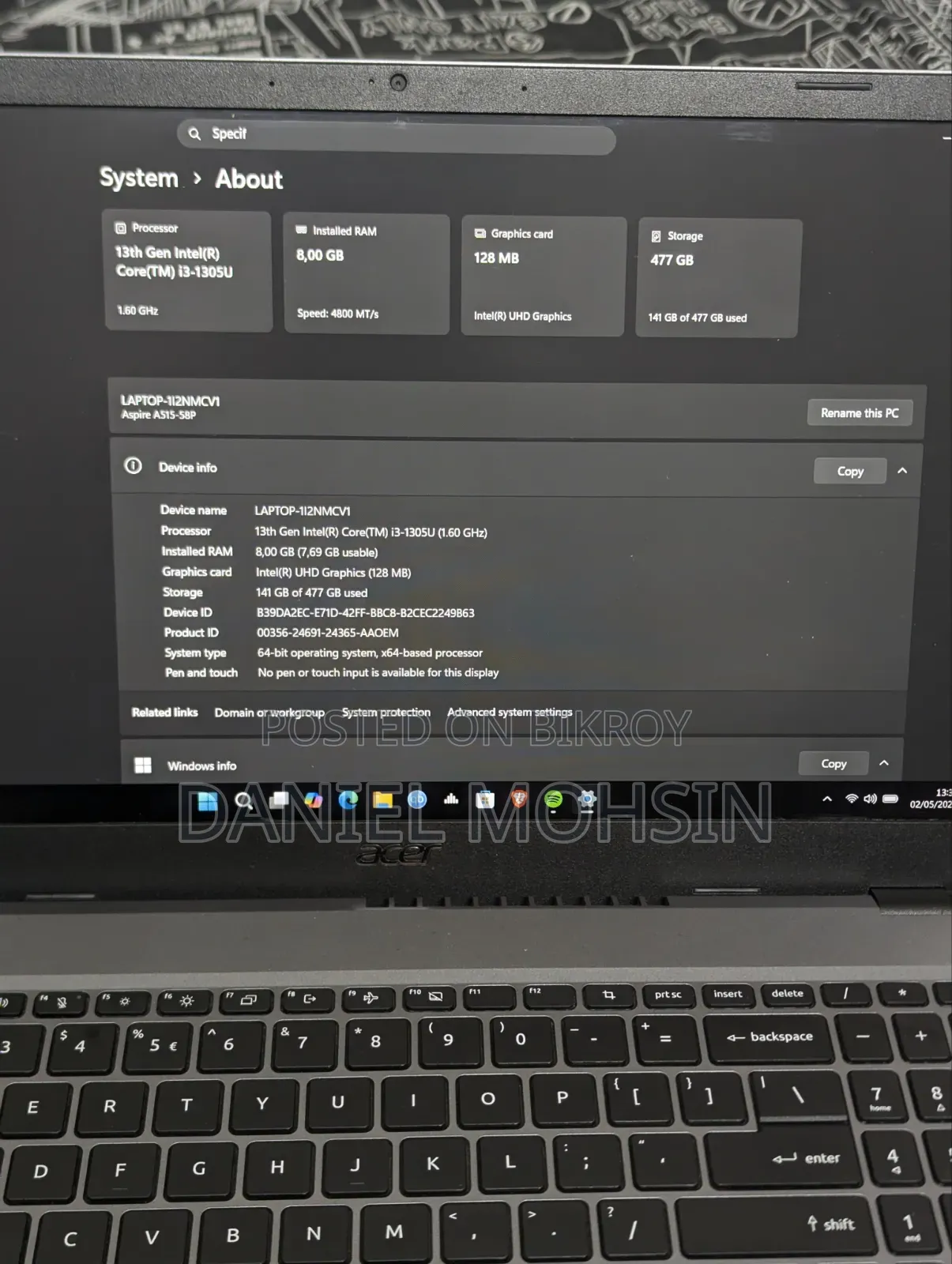ল্যাপটপ Acer Aspire 5 8GB Intel Core I3 SSD 512GB