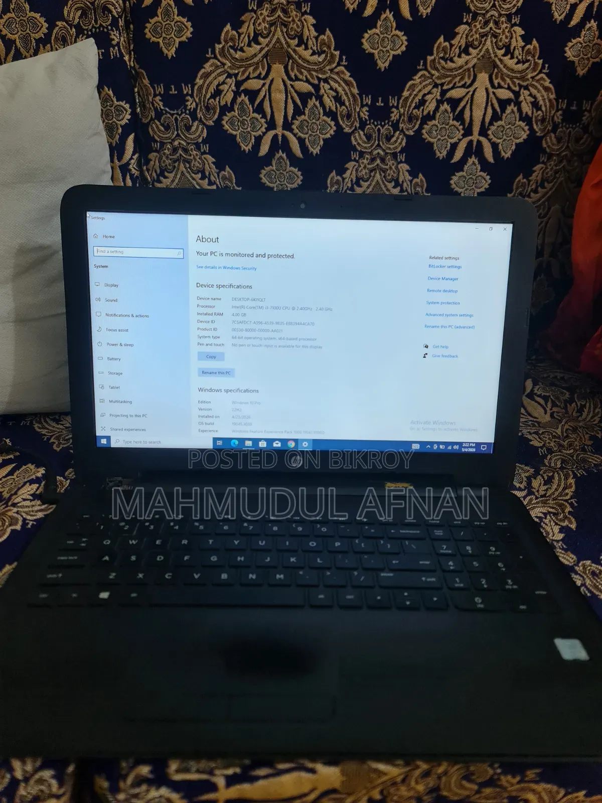 ল্যাপটপ এইচপি ১৫ ৪জিবি ইন্টেল কোর আই৩ এসএসডি ১২৮জিবি