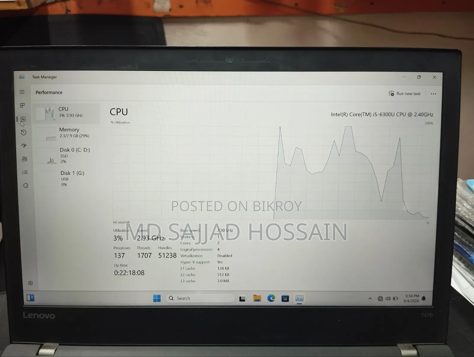 Laptop Lenovo ThinkPad T20 8GB Intel Core I5 SSD 256GB