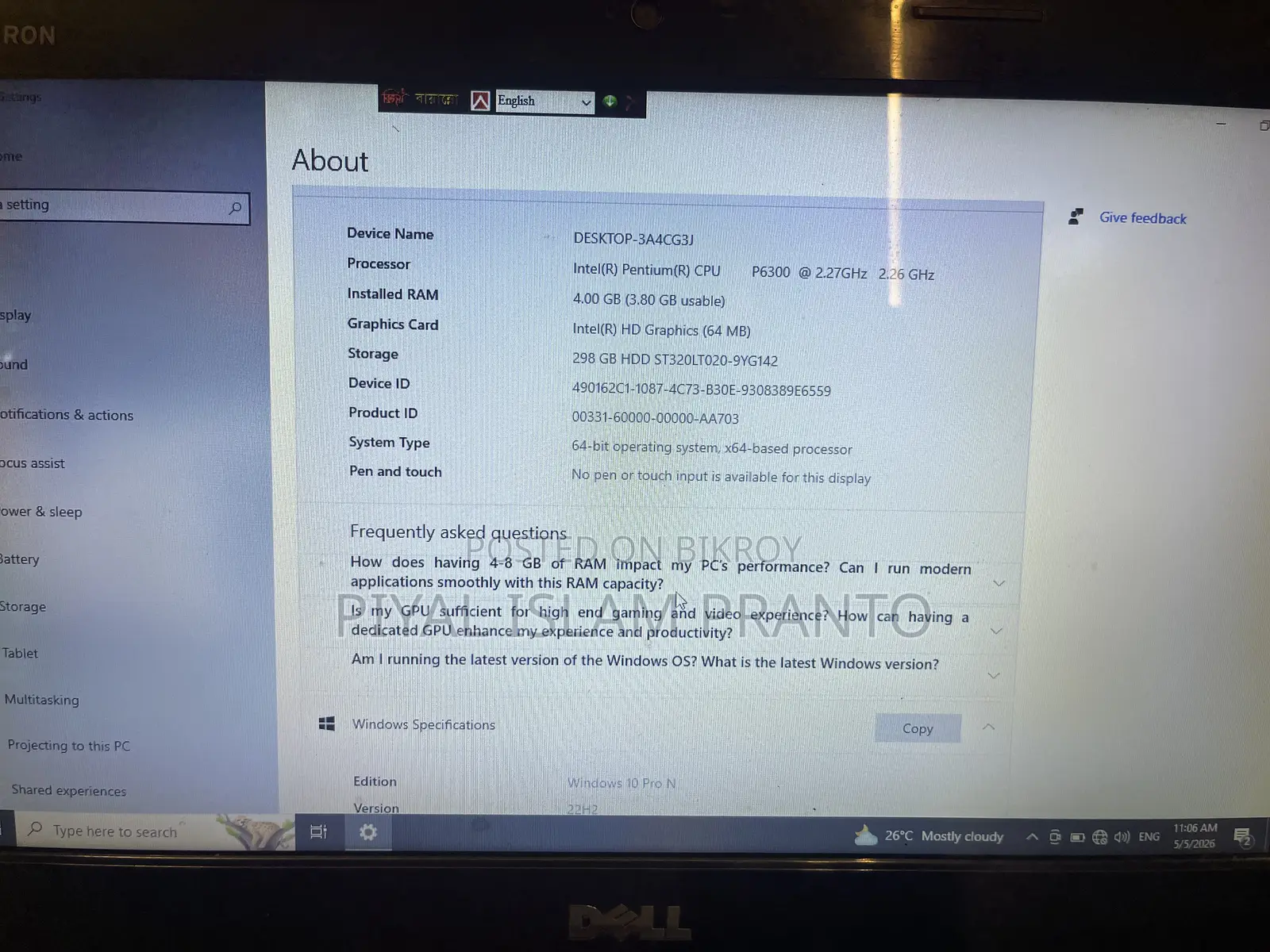 Laptop Dell Inspiron 4000 4GB Intel Core i3 HDD 320GB