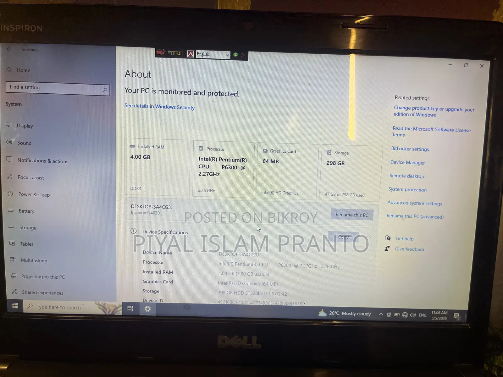 Laptop Dell Inspiron 4000 4GB Intel Core i3 HDD 320GB