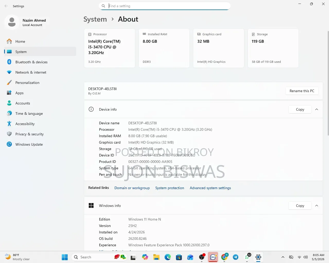 Desktop Computer 8GB Intel Core I5 SSD 128GB