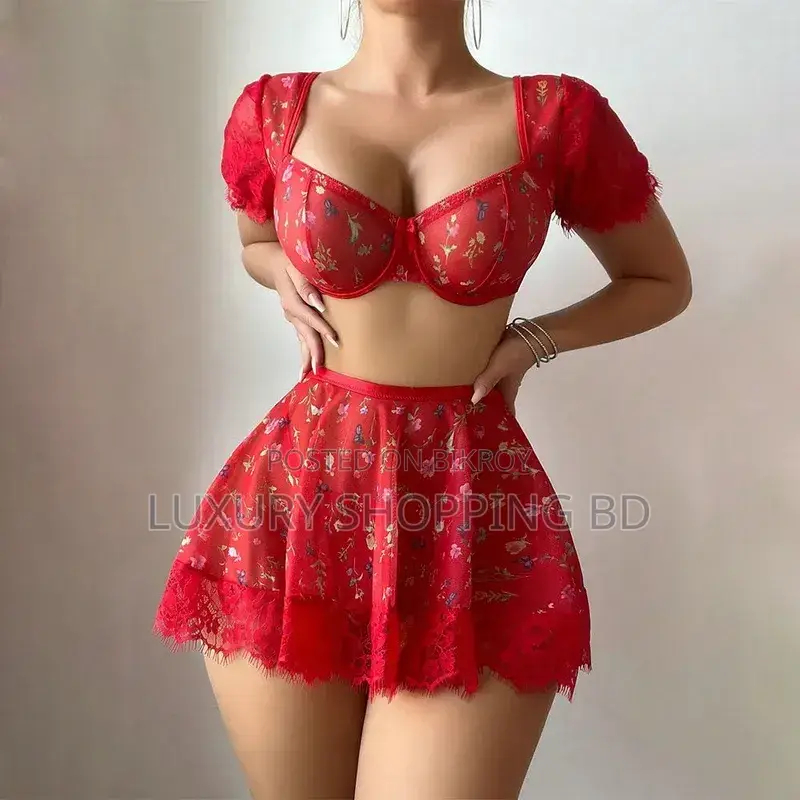 Floral Lace Lingerie Set for Women-Elegant Bra Skirt Nightwear