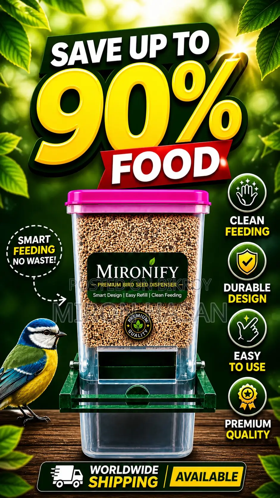 Mironify Smart Automatic Bird Feeder | Saves 95% Food | Only 500 BDT