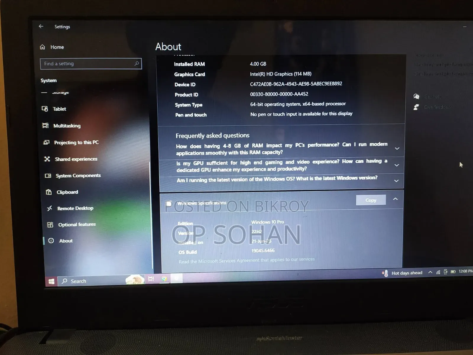 Laptop Asus 4GB Intel HDD+SSD 500GB