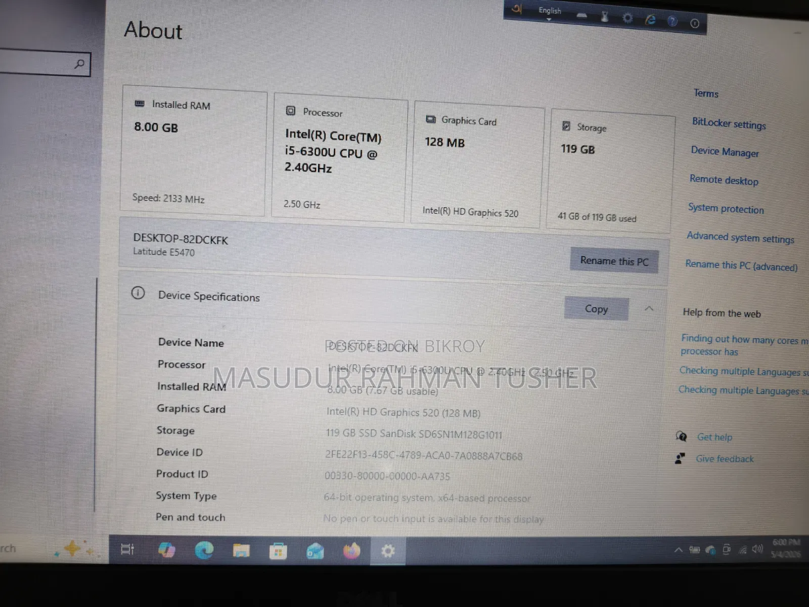 Laptop Dell Latitude 14 E5470 8GB Intel Core Ultra 5 SSD 160GB