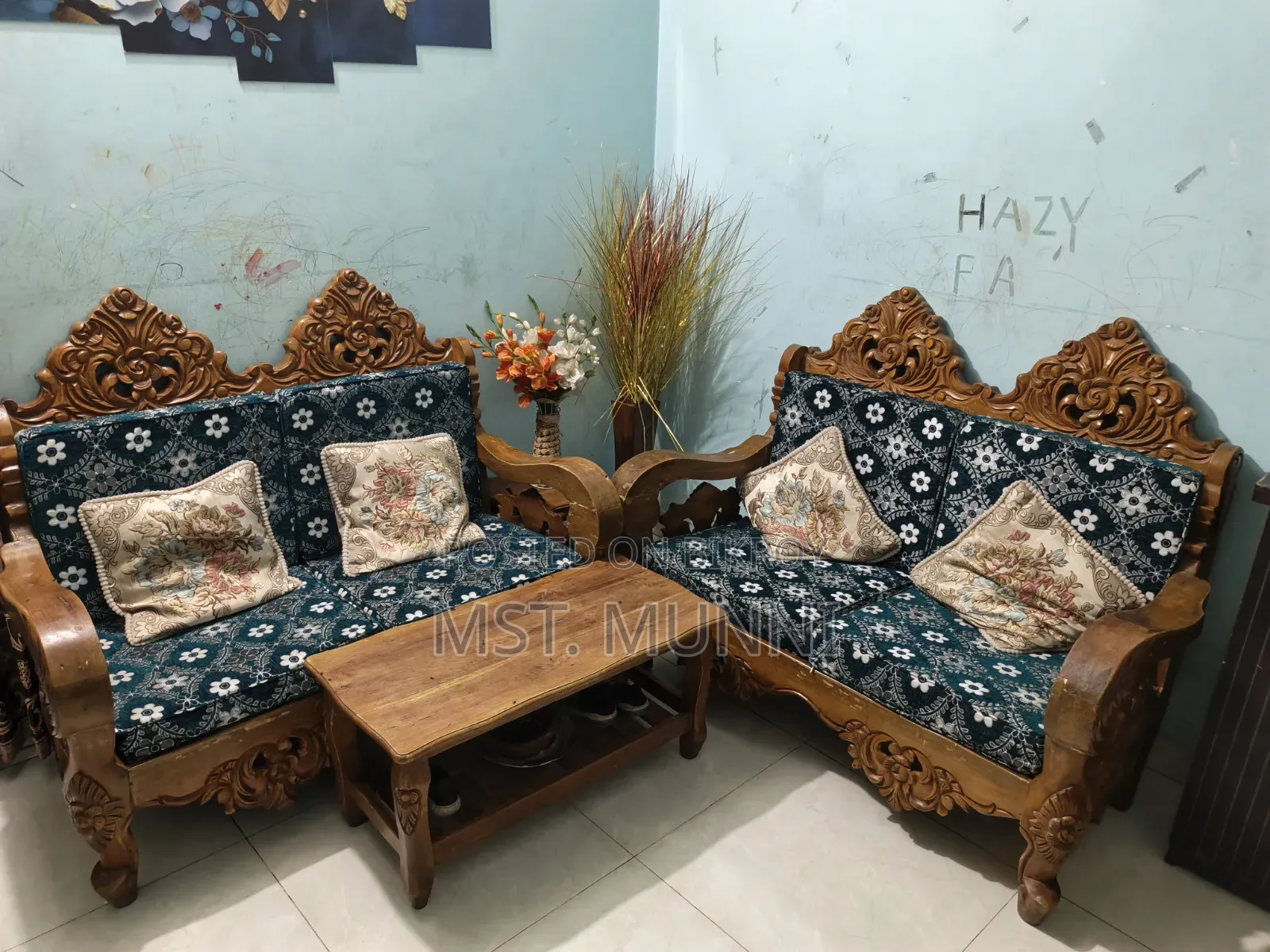 Sofa, Showcase, and Dining Table with 4 Chairs