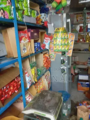 Shop items including three tables, two benches, three racks, fridge, and coffee machine