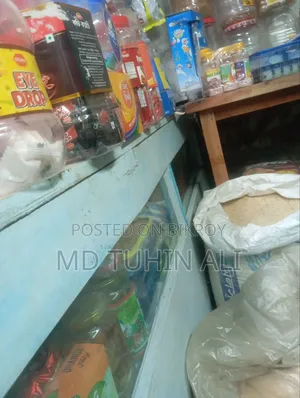 Shop items including three tables, two benches, three racks, fridge, and coffee machine
