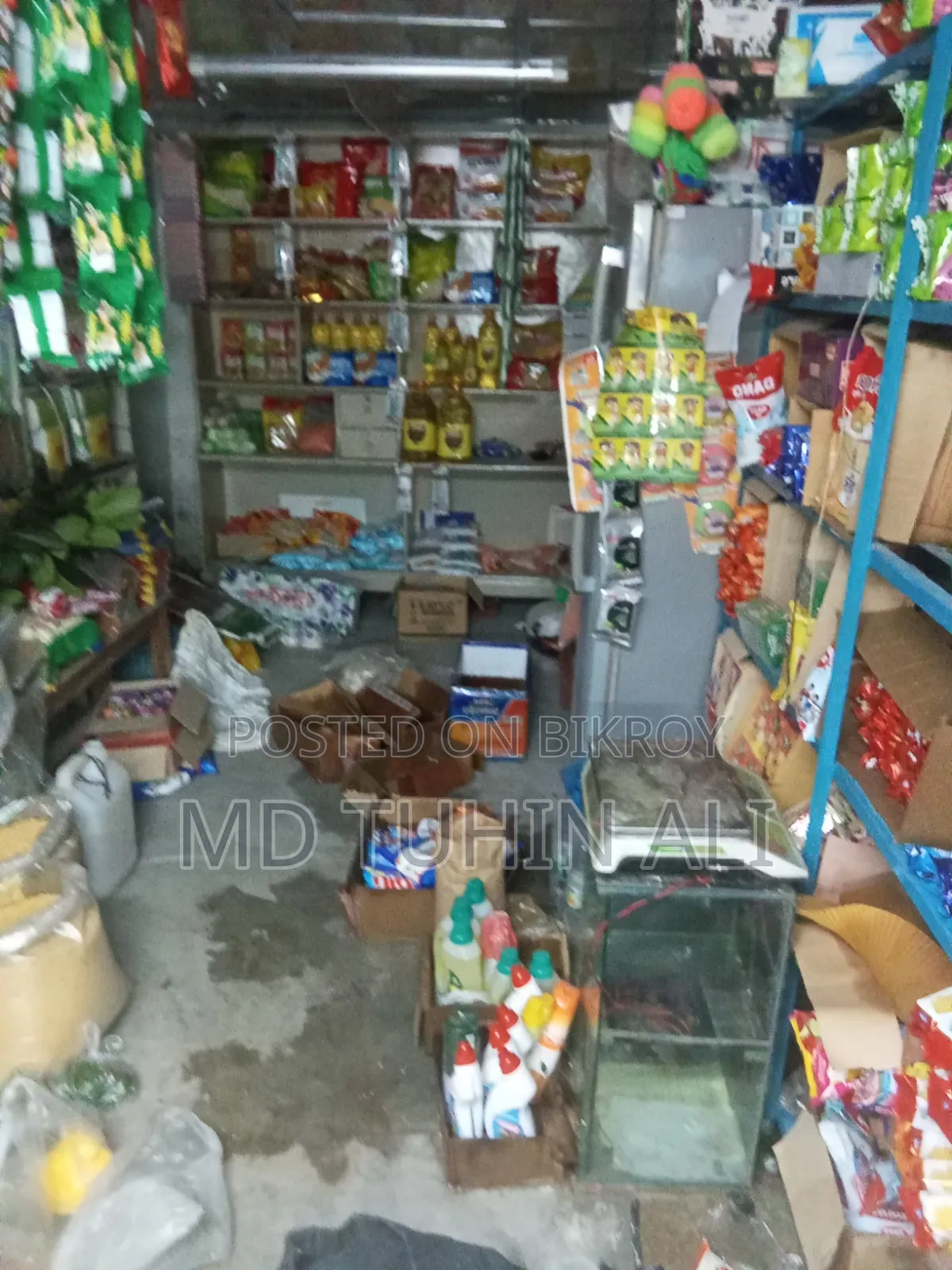 Shop items including three tables, two benches, three racks, fridge, and coffee machine