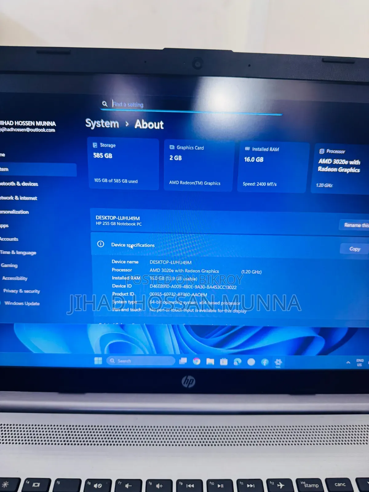 Laptop HP 255 G8 16GB AMD Ryzen HDD+SSD 512GB