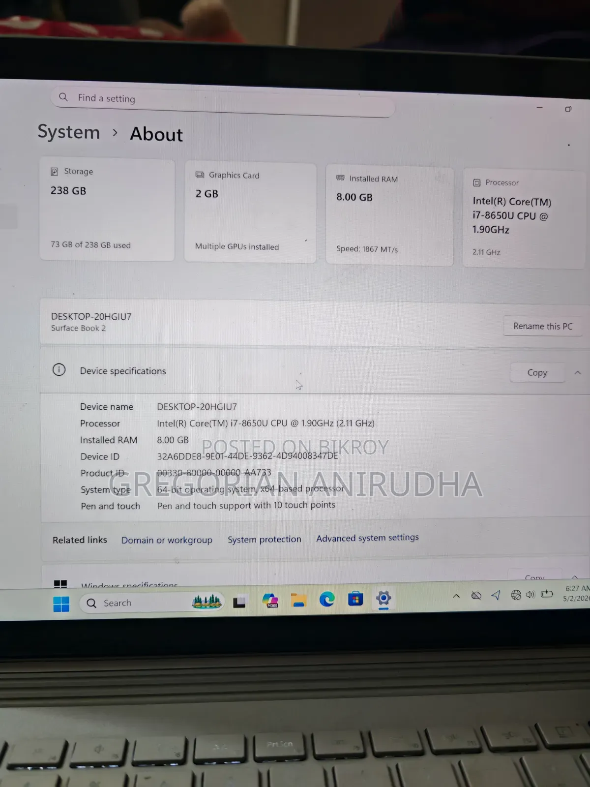 Laptop Microsoft Surface Book 2 8GB Intel Core I7 SSD 256GB