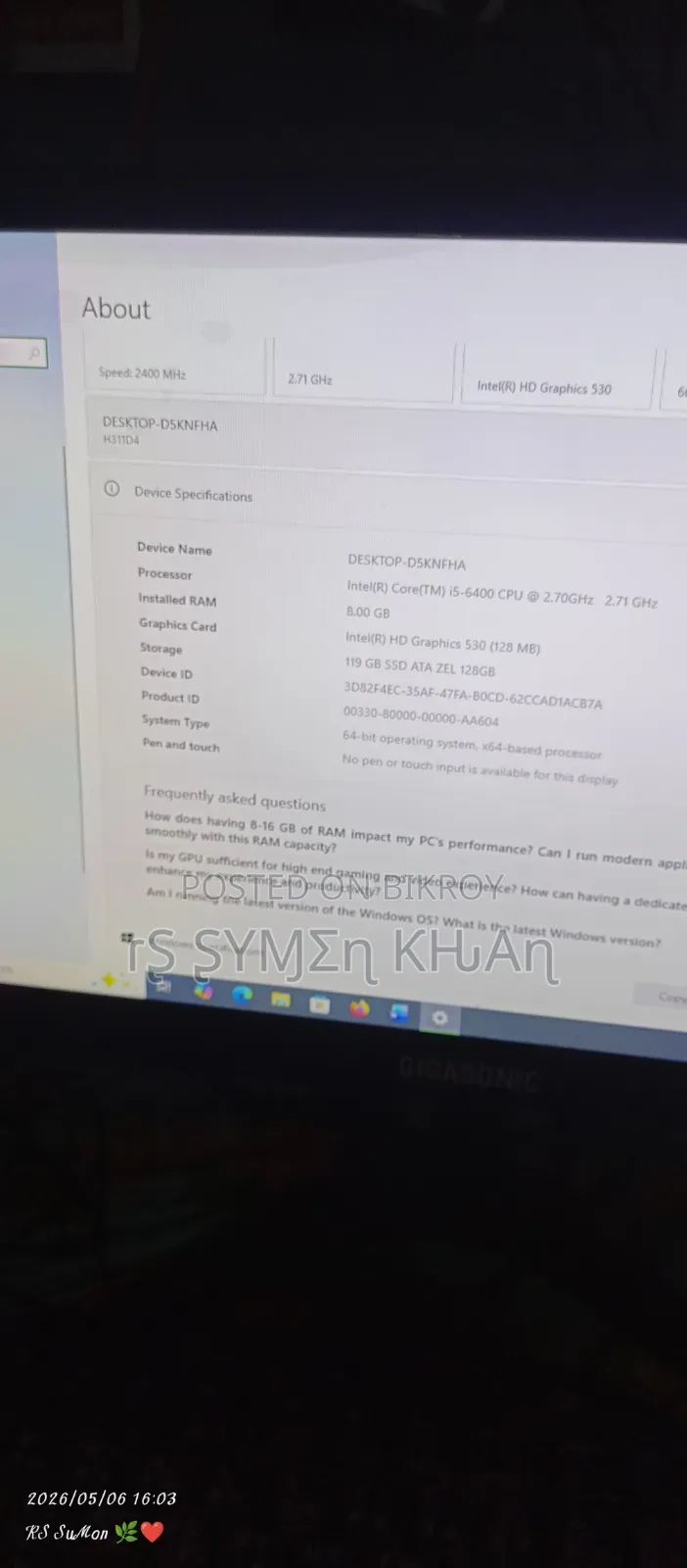 Desktop Computer 8GB Intel Core I5 SSD 128GB