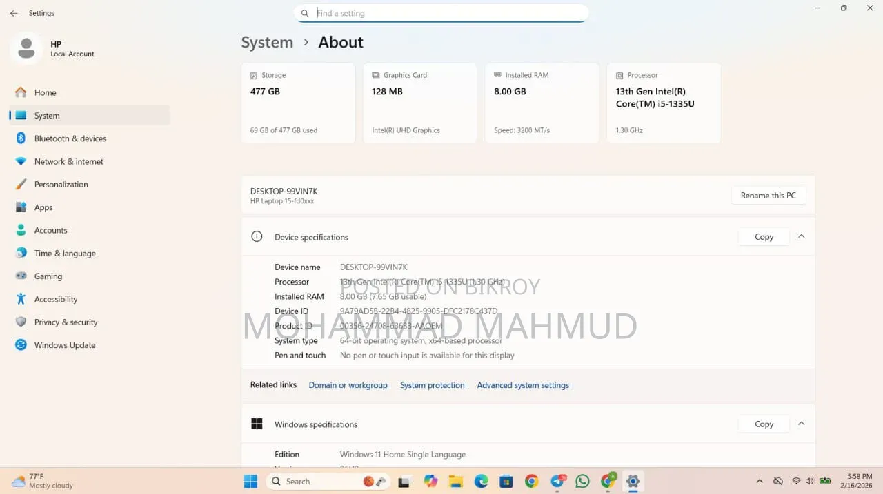 Laptop HP 15-Fd0290ns 8GB Intel Core I5 SSD 512GB