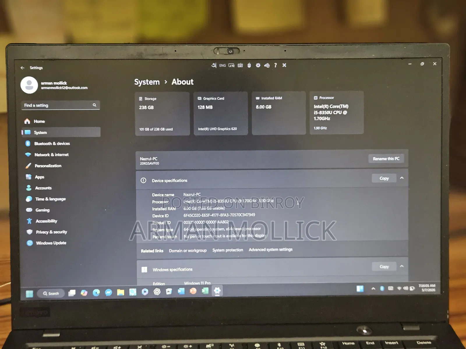 Laptop Lenovo ThinkPad X1 Carbon 8GB Intel Core i5 SSD 256GB