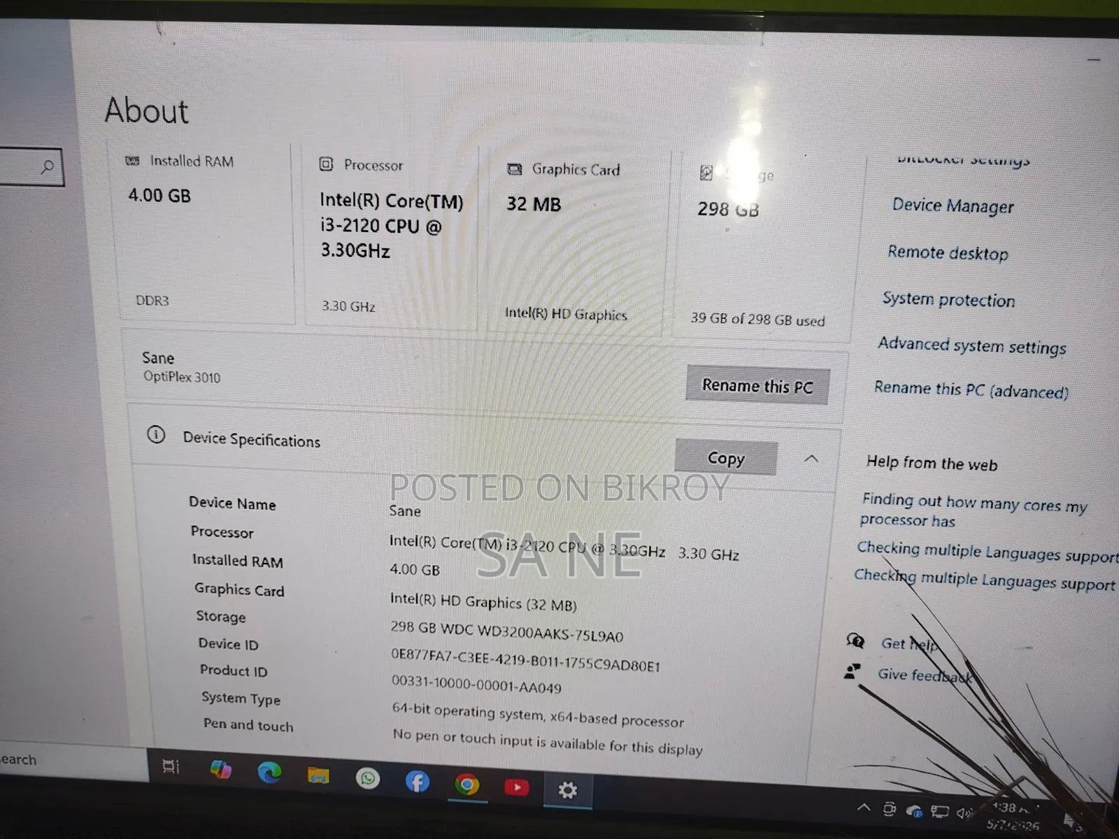 Desktop Computer Dell 4GB Intel Core I3 eMMC 256GB