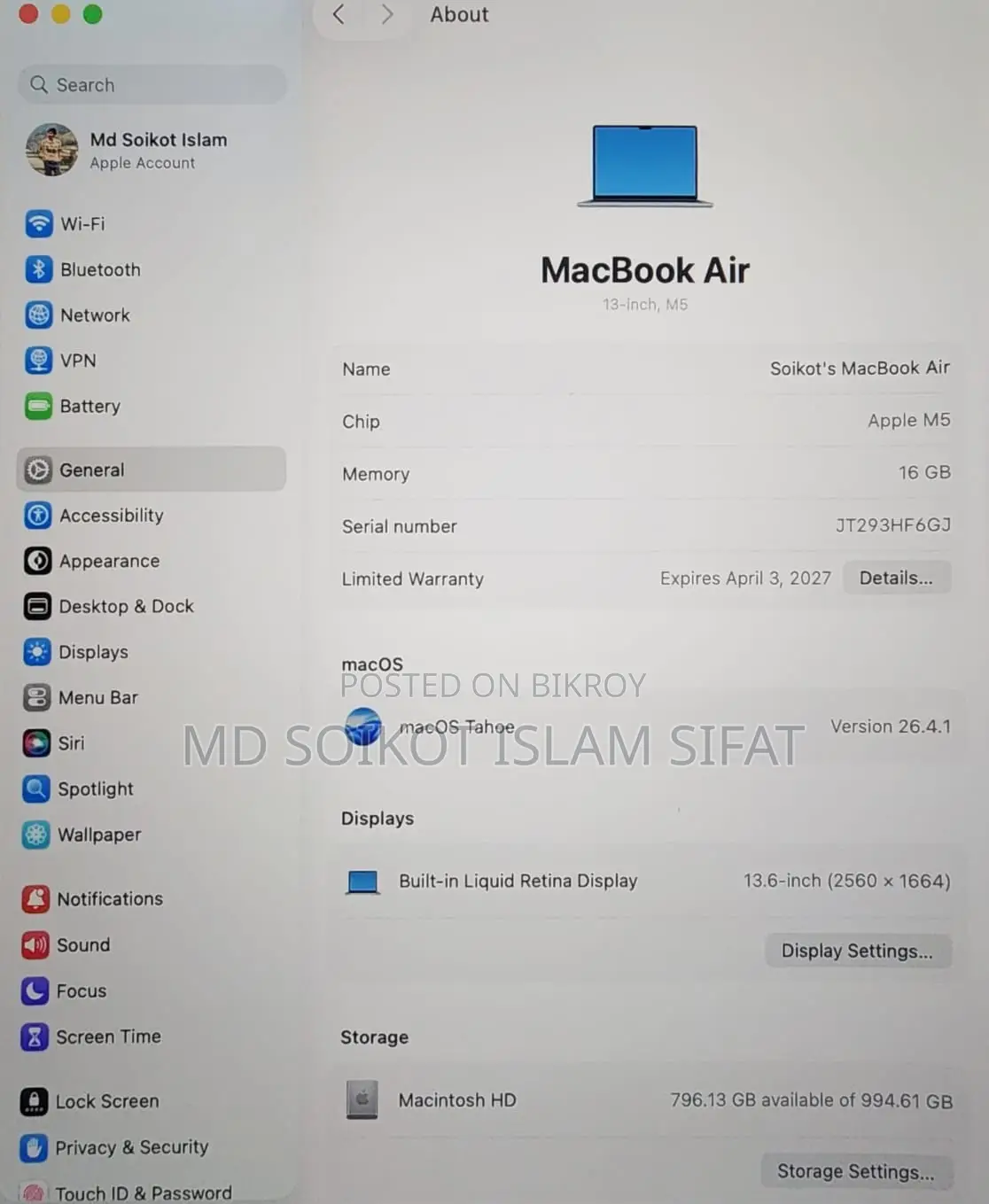 New Laptop Apple MacBook Air 2026 M5 13-Inch 16GB Apple M5 SSD 1T