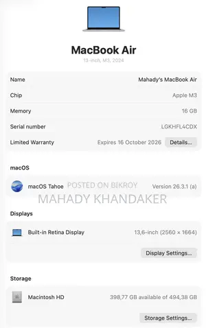 ল্যাপটপ Apple MacBook Air 2024 M3 13-Inch 16GB Apple M3 SSD 512GB