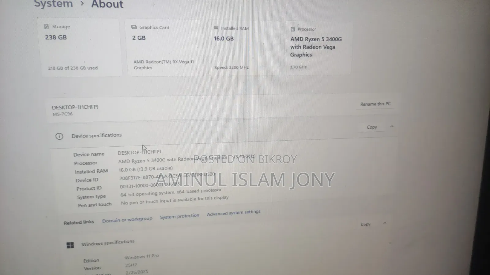 Desktop Computer 16GB AMD Ryzen 5 SSD 256GB