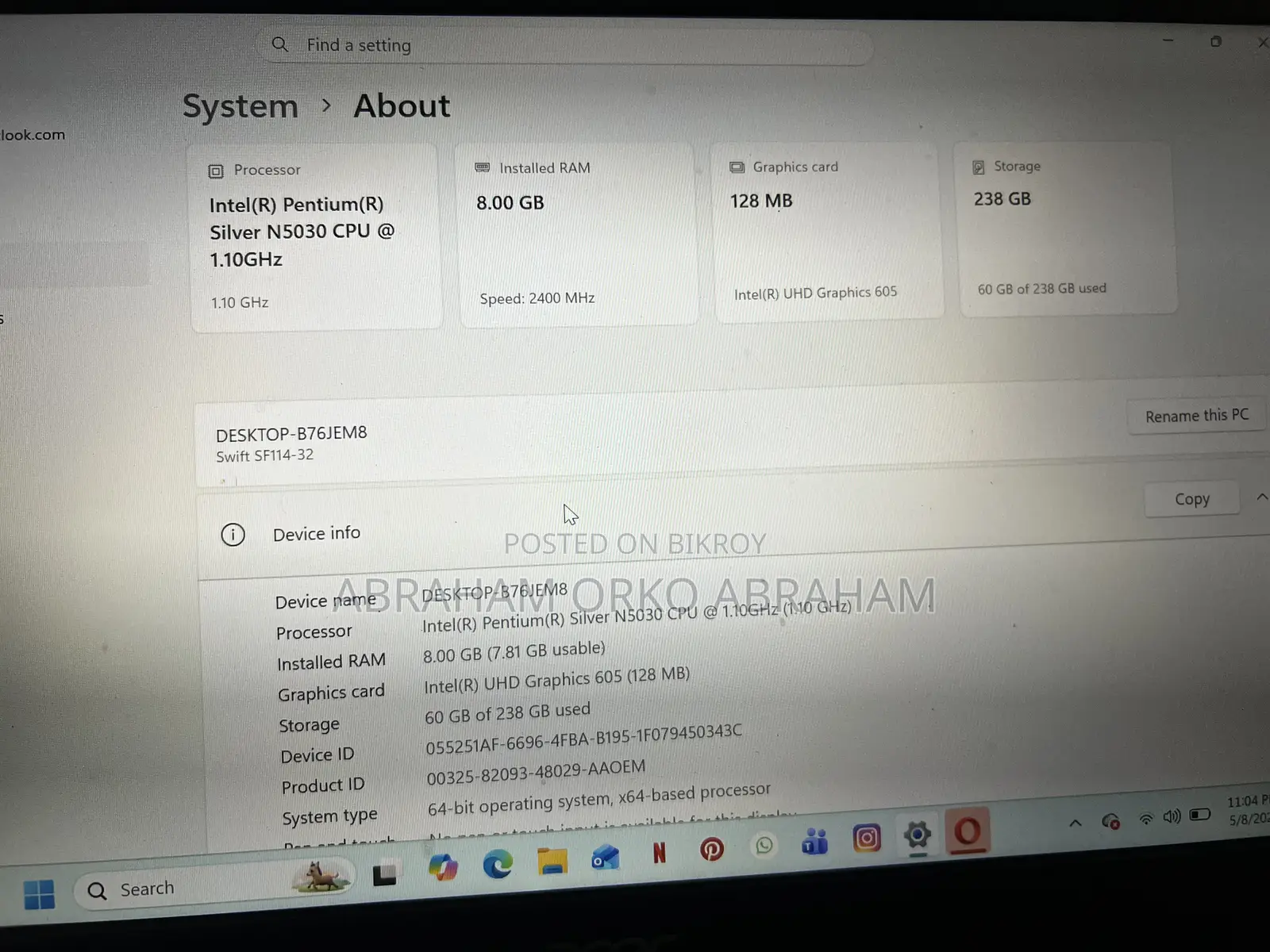 New Laptop Acer 8GB Intel Pentium HDD+SSD 256GB