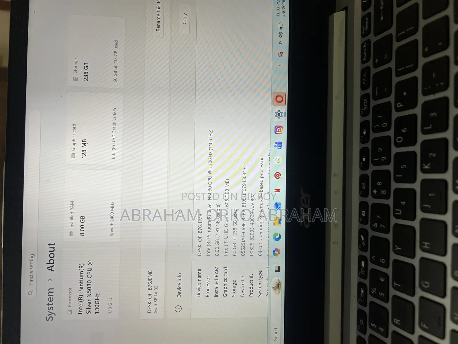 New Laptop Acer 8GB Intel Pentium HDD+SSD 256GB