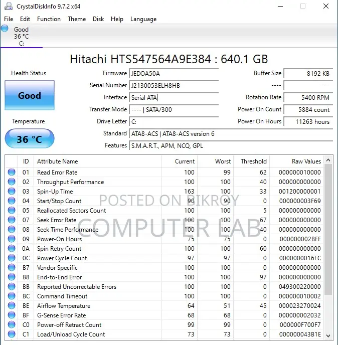 Hitac 640gb Sata Laptop Hard Drive 100% Health Like New With Warranty