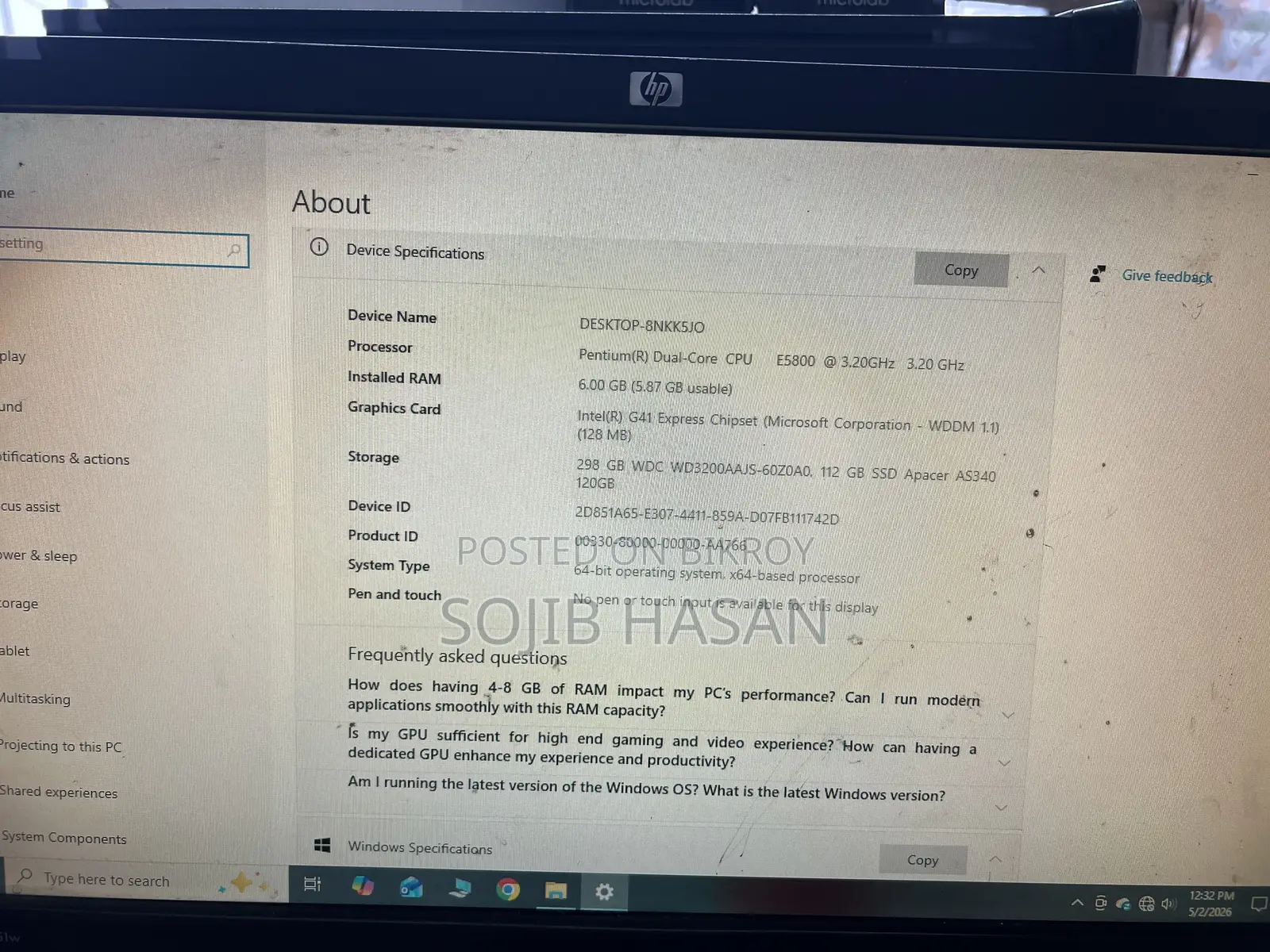 Desktop Computer HP 6GB Intel Core I3 HDD+SSD 256GB
