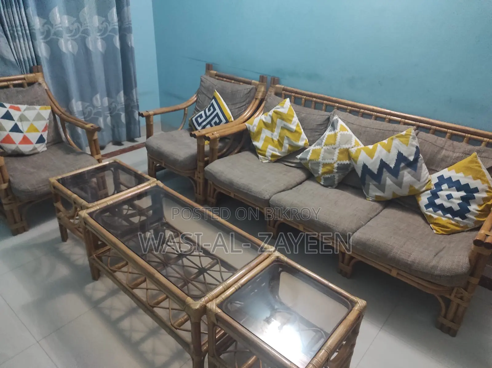 Premium Rattan Sofa Set (3+1+1) + Glass Coffee Table Side Tables