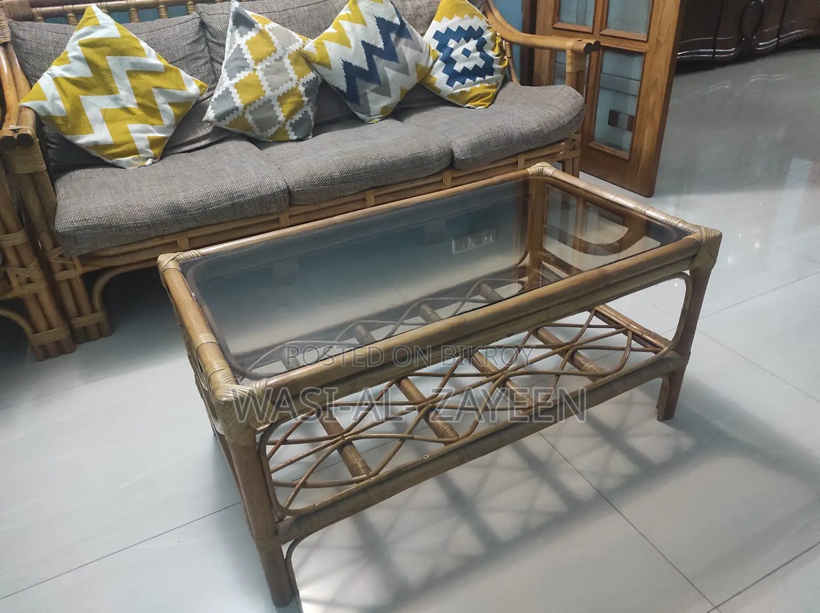 Premium Rattan Sofa Set (3+1+1) + Glass Coffee Table Side Tables