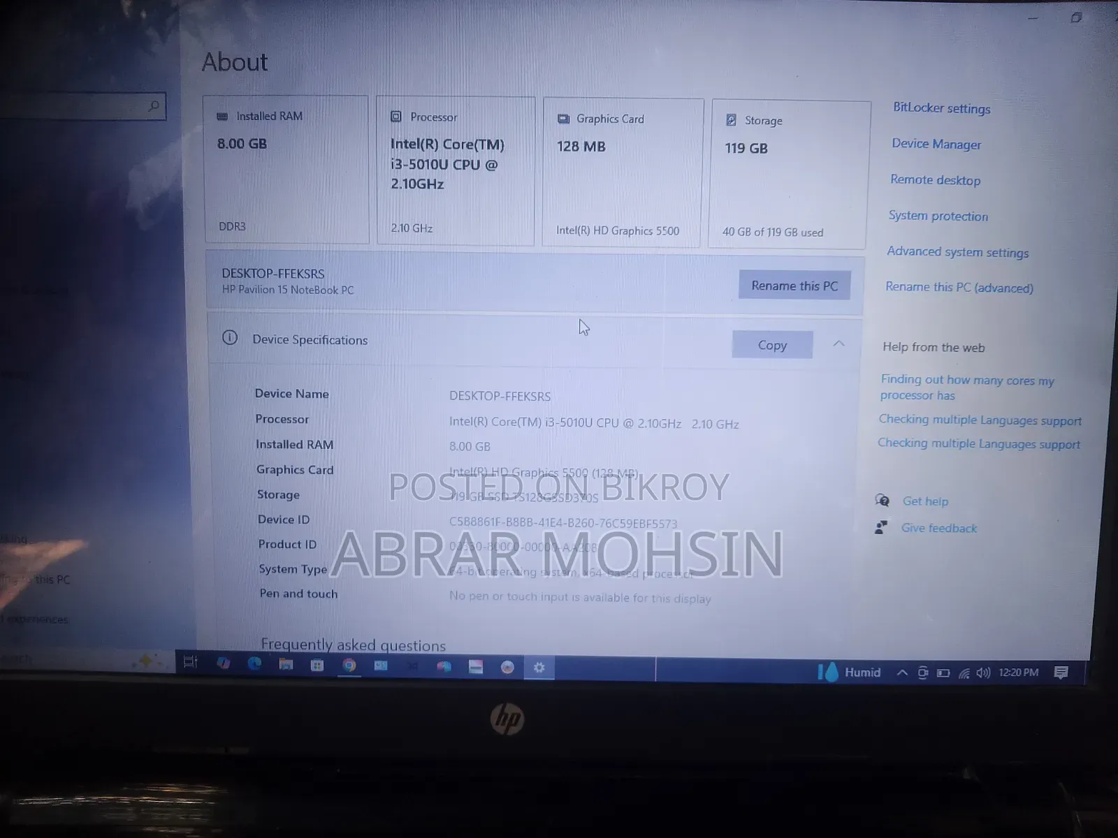 Laptop HP 8GB Intel Core I3 SSD 128GB