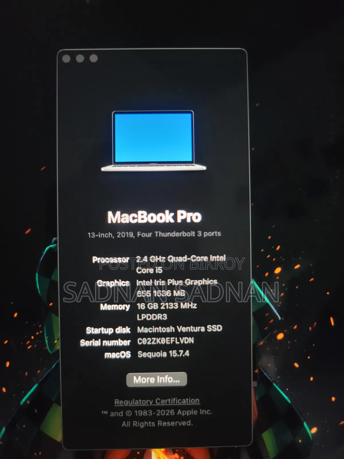 Laptop Apple MacBook Pro 2019 16GB Intel Core I5 SSD 256GB