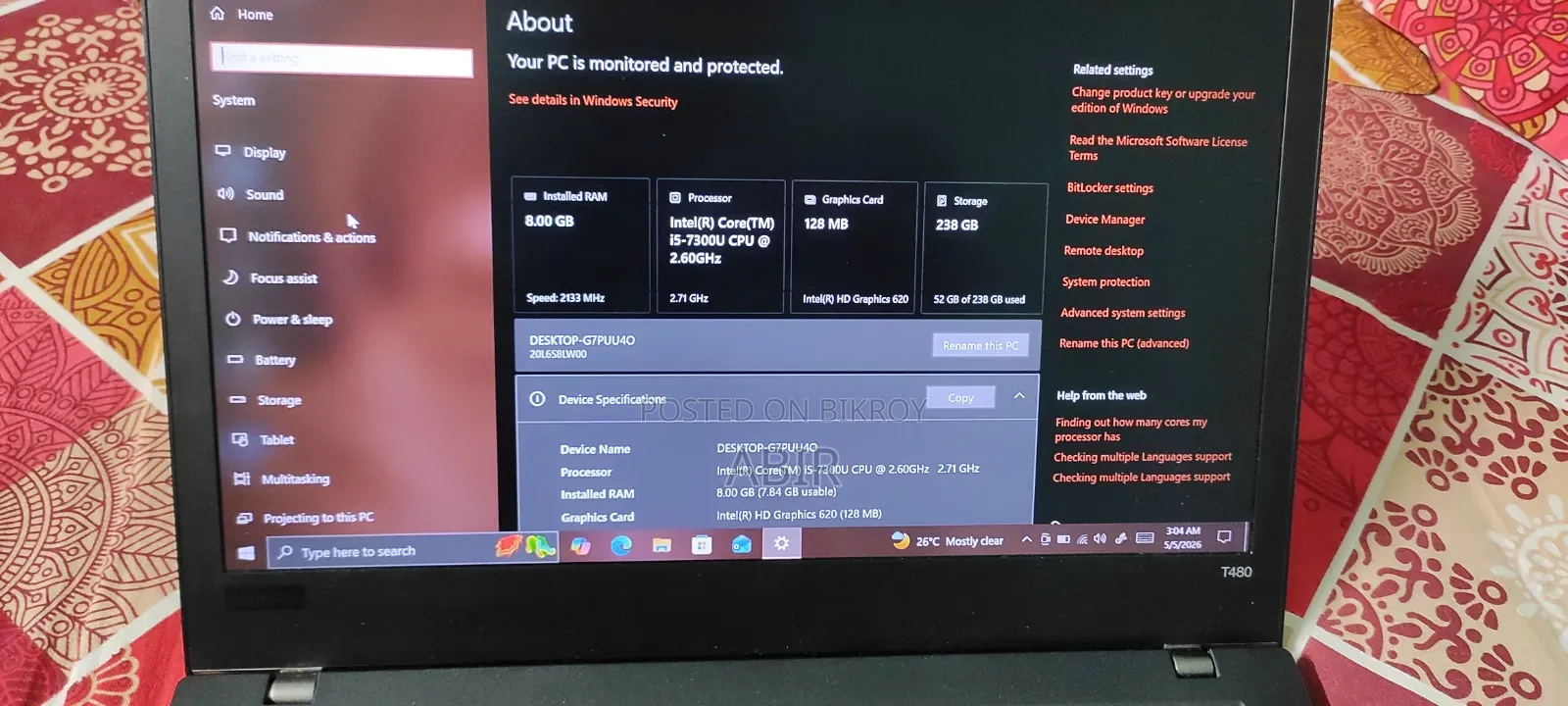 Laptop Lenovo ThinkPad T480 8GB Intel Core I5 SSD 256GB