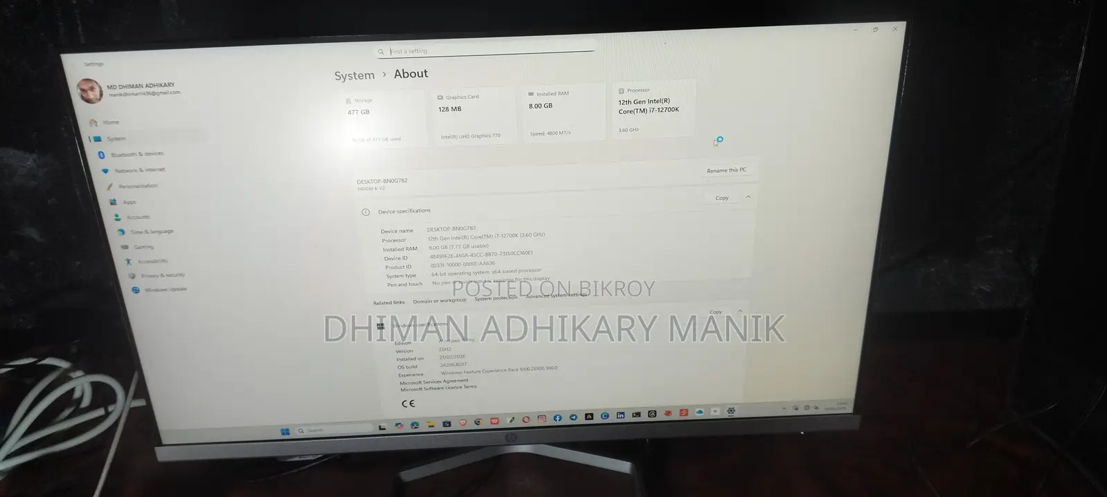 Desktop Computer HP 8GB Intel Core I7 SSD 500GB
