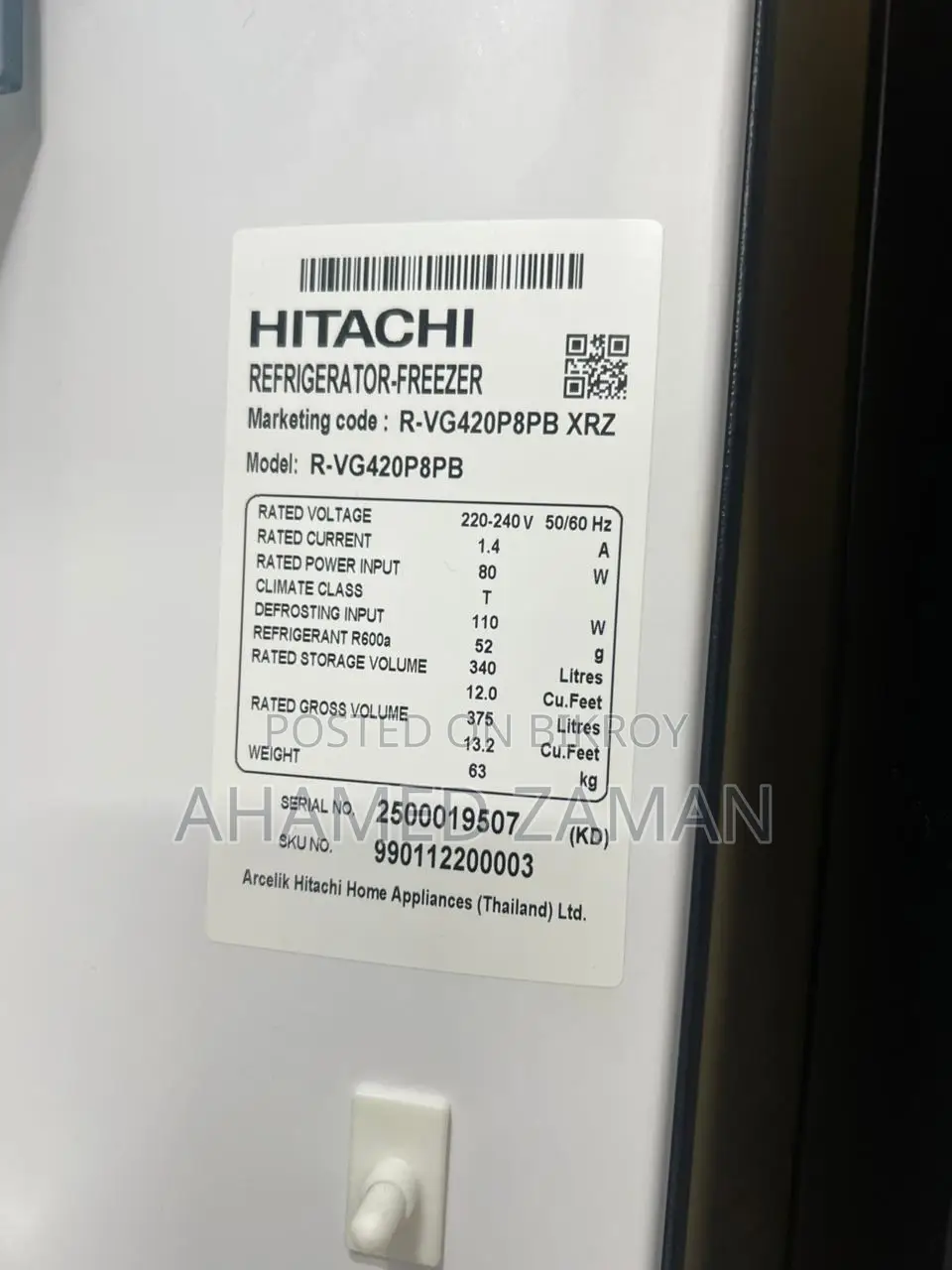 Hitachi Refrigerator R-Vg420p8pb (Kd) XRZ (375 L)