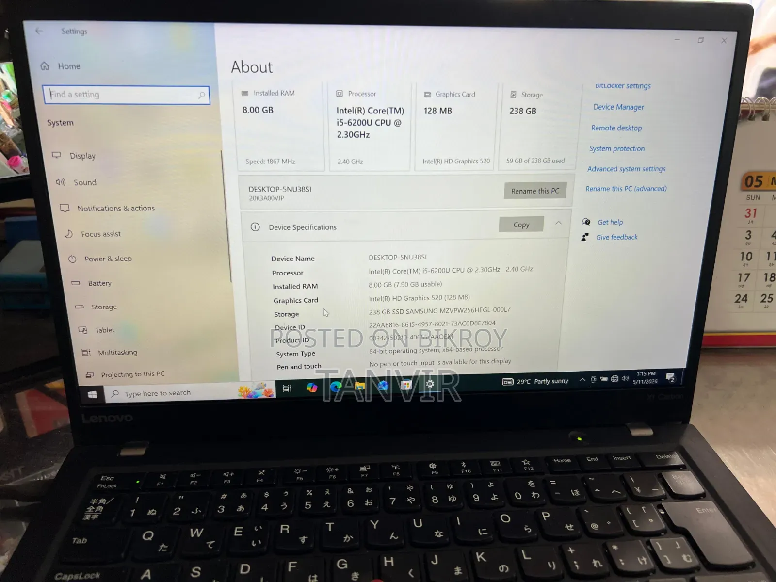 Laptop Lenovo ThinkPad X1 Carbon 8GB Intel Core I5 HDD 256GB