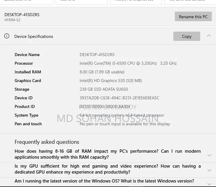 Desktop Computer 8GB Intel Core I5 HDD+SSD 256GB