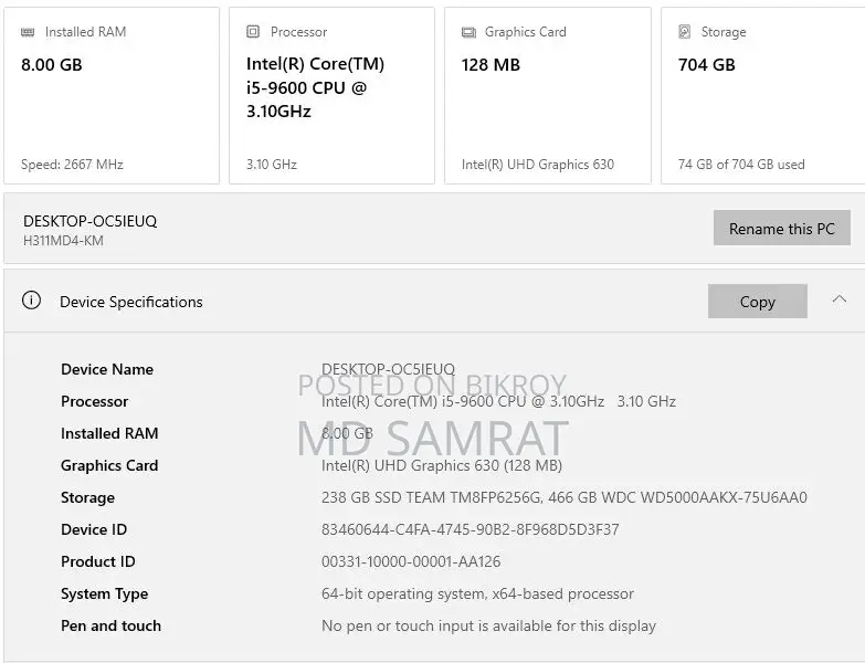Desktop Computer 8GB Intel Core I5 SSD 256GB