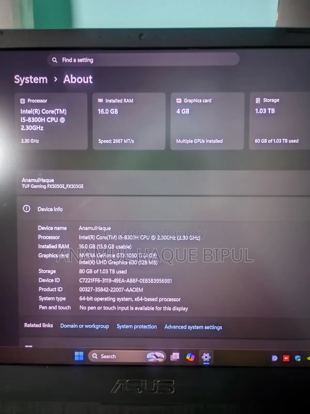 Laptop Asus TUF Gaming FX504 16GB Intel Core I5 HDD+SSD 1T