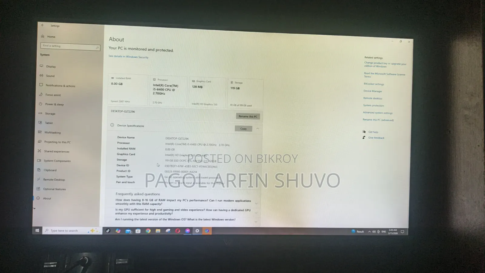 Desktop Computer 8GB Intel Core I5 SSD 500GB