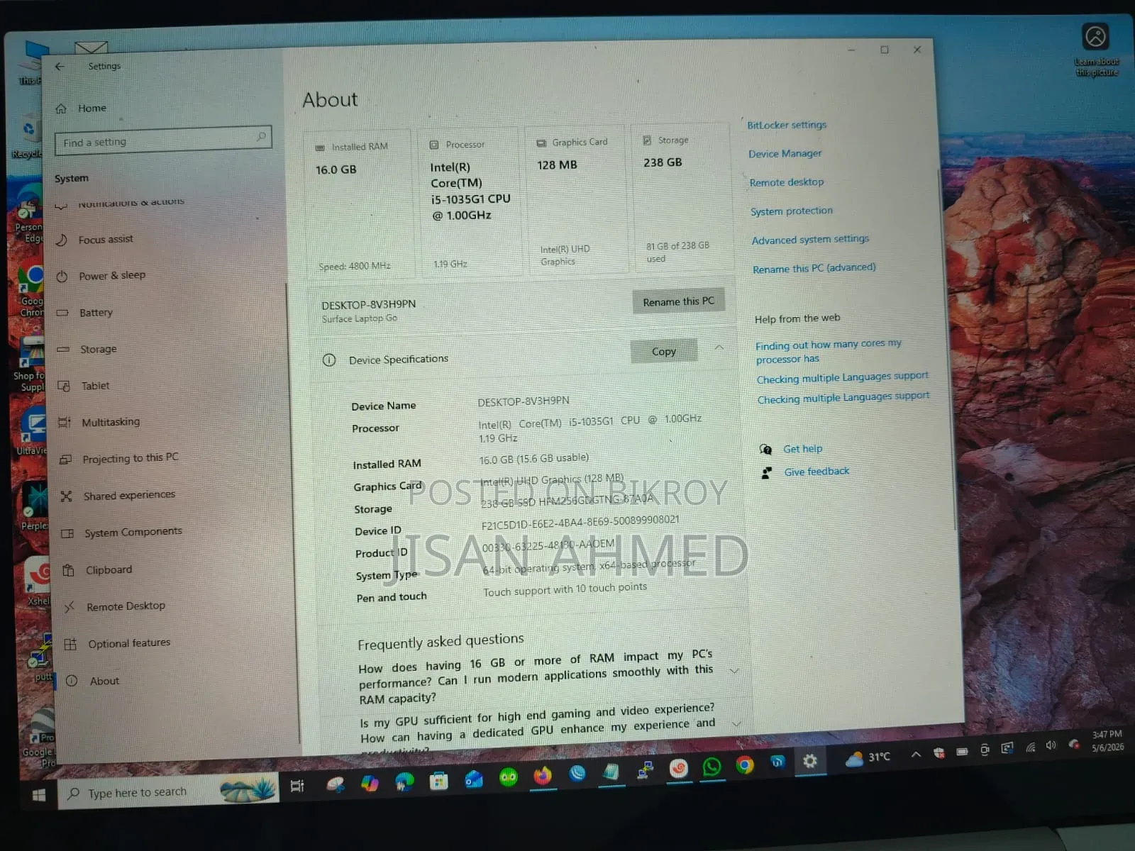 ল্যাপটপ Microsoft Surface Go ১৬জিবি Intel Core I5 এসএসডি ২৫৬জিবি