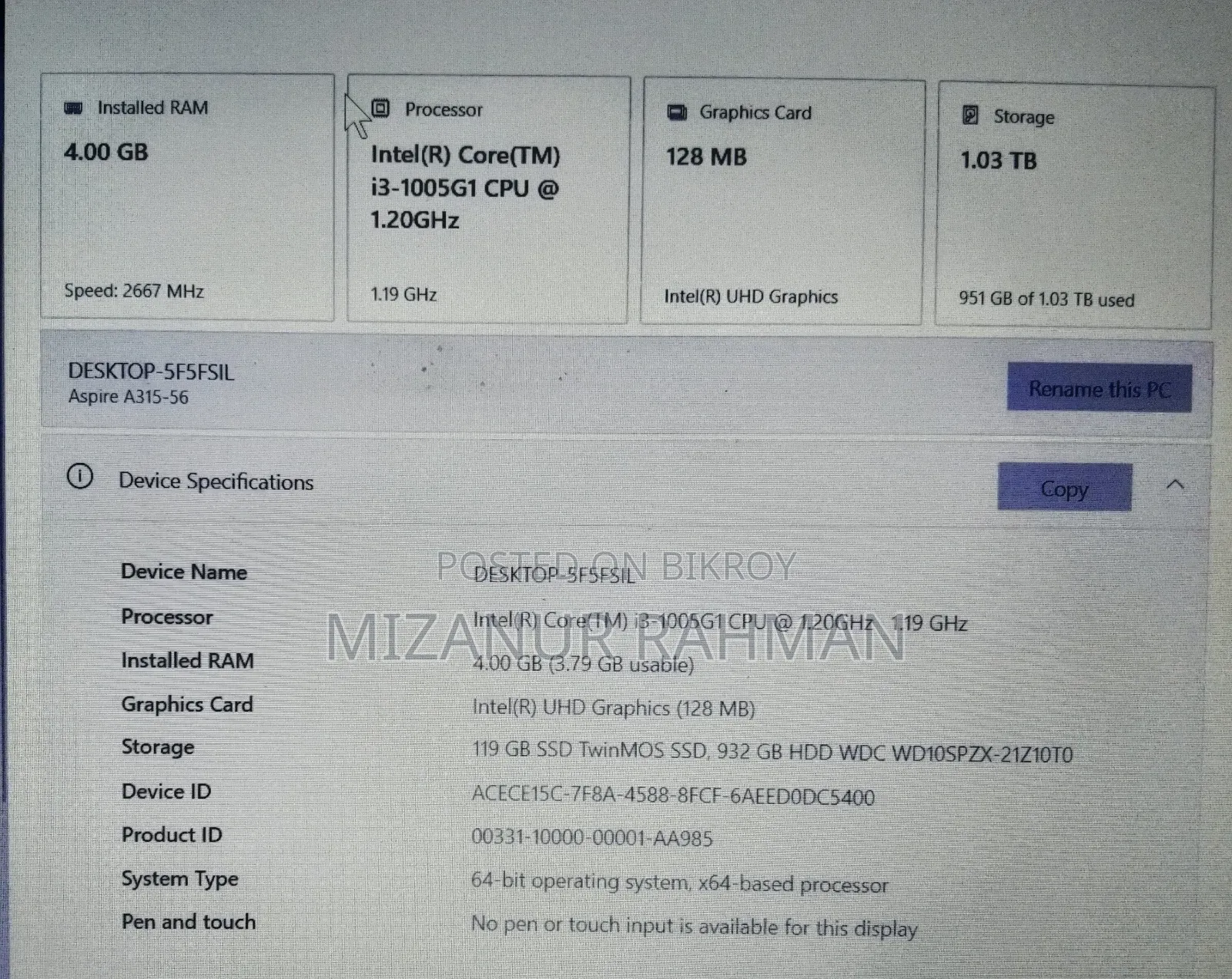 Laptop Acer Aspire 3 4GB Intel Core I3 HDD+SSD 1T