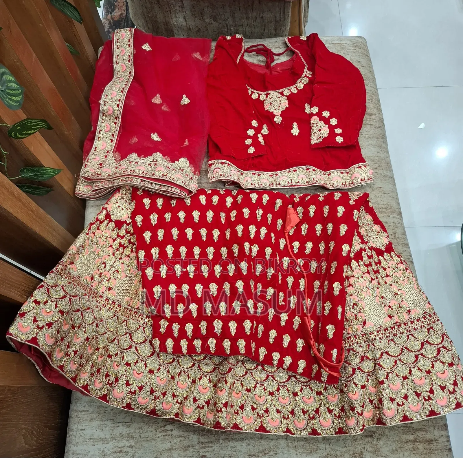 Bridal Red Velvet Lehenga with Golden Zardosi Work (Used Once)
